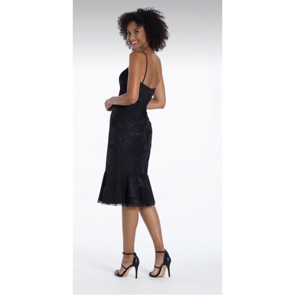 NWT Hayley Paige Occasions Black Caviar Beaded Floral Ruffle Midi Dress 52117